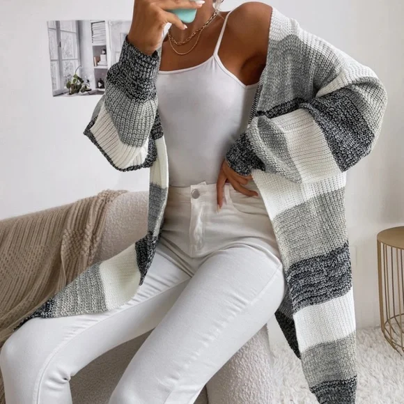 Colorblock Stripes Open Knit Cardigan Knee Length - Picture 1 of 9